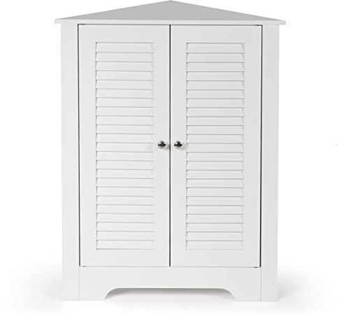 CASART Floor Storage Cabinet, Multipurpose Corner Shelf with Double Louver Cabinet Doors, Stand Organizer Cupboard Unit for Kitchen, Living Room, Bathroom and Hallway (White)