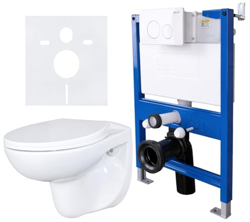 Belvit Inodoro de pared completo con elemento de pared de 75 – 82 cm, sin borde de lavado, inodoro colgante con asiento de cierre suave, cisterna empotrada, placa de pulsador, juego de inodoro para