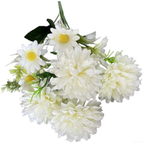 Generisch Crisantemi artificiali 7 rami realistici per fiori decorativi | 4 fiori grandi e 3 piccoli, volume naturale, consistenza realistica, ideale per vasi (bianco)