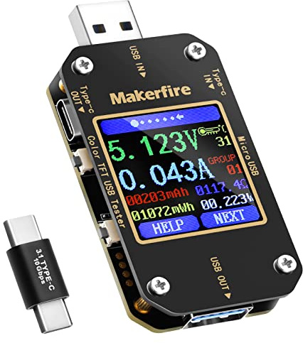 MakerHawk USB Multimeter USB Voltmeter Ammeter Load Tester USB Voltage Current PD Battery Power Capacity Charger Type C Meter Tester LCD Display Cable Resistance QC2.0/3.0/4.0 N10 1.44 Inch Screen