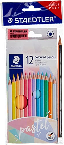 STAEDTLER Buntstift 146, klassisches Sechskanformat, weiche Mine, hoch pigmentierte Farben, 12 Pastellfarben im Kartonetui, Bonuspack mit Bleistift und Radierer, 146 SET PA 146 SET PA