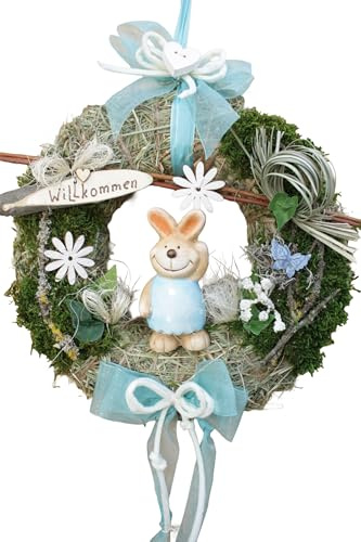 Türkranz Osterkranz D28 mit Hase, türkis/blau, Natur | für Tür und Wand, Handgefertigt in Deutschland, mit Schleife und Willkommen-Schild