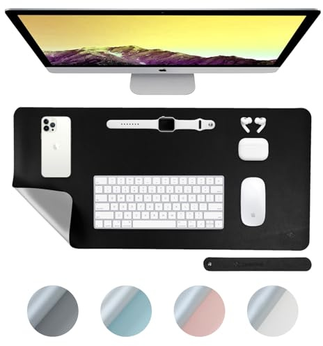 DesireTech Reversible Office Desk Mat Small, Dual-Sided, Waterproof Faux Leather Table Surface Protector Desk- Laptop Mat & Mouse Pad for Home & Office - 35 x 60cm (Black/Silver)