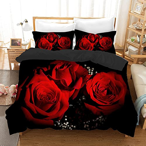 HZVRTN Juego de ropa de cama 3D, funda nórdica con cremallera y 2 fundas de almohada, microfibra, juego de ropa de cama de 3 piezas, para adultos y niños (135 x 200 cm, tres rosas)