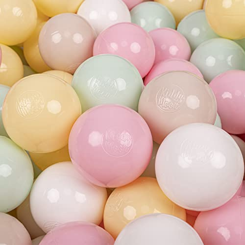 KiddyMoon 200 bollar/7 cm färgglada plastbollar för barn baby pool tillverkad i EU, pastellbeige/pastellgul/vit/mint/puderrosa