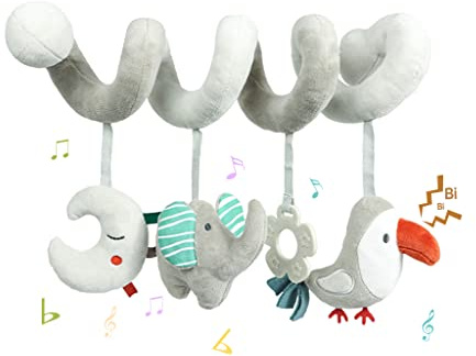 Blublu Park Spiral Pram Hanging Toys for Babies, Activity Spiral Plush Hanging Wrap Around Pram Pushchair Stroller Toys, Sensory Early Education Toy for Toddler Infant, Grey Elephant