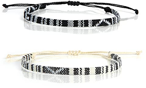 KINBOM 2pcs Bracelets de Plage, 18-36cm Réglables Bracelets de Surfeur à Cordes Boho Bracelet Chevilles Unisexe Faits à la Main Chaîne de Poignet Tressée pour Femmes Hommes (Noir, Blanc)