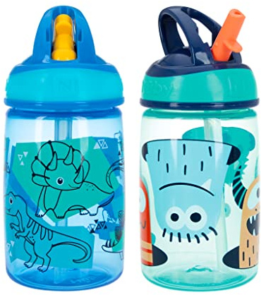 Nuby Flip-it Kids On-The-Go Printed Water Bottle with Bite Proof Hard Straw - 12oz / 360 ml, 18+ Months, 2 pk Prints May Vary
