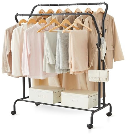 SONGMICS Clothes Rail, Clothes Rack, Double Clothes Hanging Rail, Heavy-Duty Metal Frame, with Wheels and Shelf, 100 kg Total Max. Load, 103.5 cm Wide, Clothing Storage, Black HSR107B01