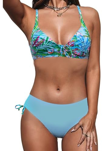 JFAN Costume da Bagno Donna Due Pezzi Costumi Mare Donna Sexy con Coulisse Bikini Push Up(Stampa Blu,L)