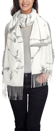 VGFJHNDF Fransenschal für Damen, Delfin-bedruckt, stilvoller und warmer Schal für den Winter, Grauer Wald und Vögel, One size