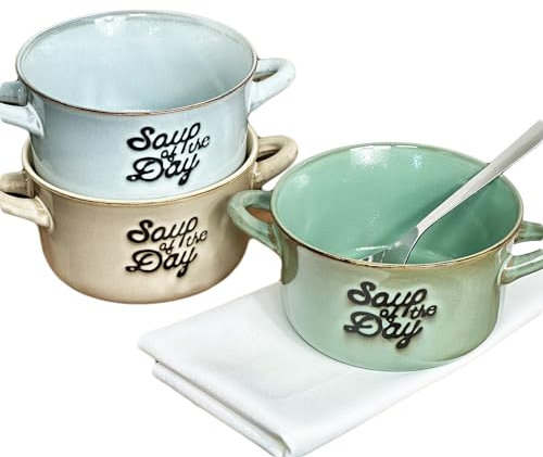 Darthome Reactive Glaze Soup Bowls with Handles 600ml Soup of The Day Stoneware Tableware