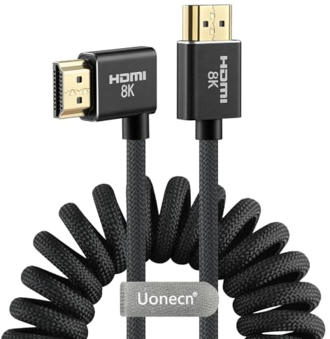 Uonecn HDMI 2.1 8K 60Hz 48Gbps High Speed Spiralkabel Kabel für Kamera & Monitor, kompatibel mit Atomos Ninja V, Portkeys BM5, Sony A7IV, Z CAM E2/F6, BMPCC 4K/6K, Schwarz, Straight auf Left Angle