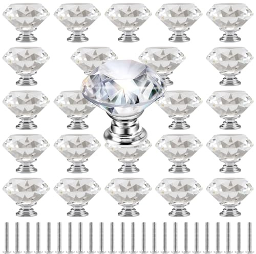 MAHIONG Kristall-Türknäufe, 40 mm, dekorative Glas-Schrankgriffe mit Schrauben, rautenförmige Innenknäufe für Küche, Schrank, Schublade, Badezimmer, Heimdekoration, 24 Stück