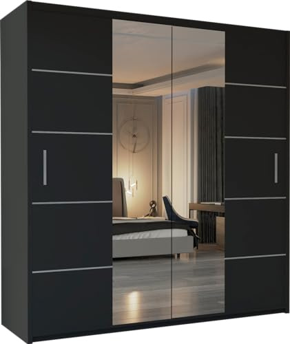 MN Furniture Sliding Wardrobe with Full Mirror Doors, Shelves & Hanging Rails, Space Saving Bedroom Storage, White Black Grey Oak (Black, 150cm)