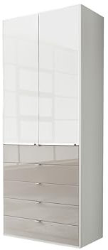 WIEMANN Drehtürenschrank mit 5 Schubkästen hochwertiger Kleiderschrank Schlafzimmerschrank 100cm breit, mit Schubladen, Glas Kieselgrau, Korpus Weiß, Höhe 236cm, Shanghai