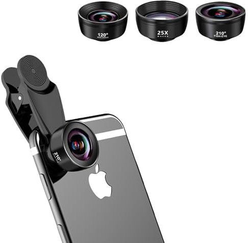 Kakotopa 3-in-1 High Definition Mobile Phone Camera Lens Kit - 120° Wide-Angle, 25X Macro, 210° Fisheye Lenses - Compatible with iPhone/Android/Cellphone and Tablet