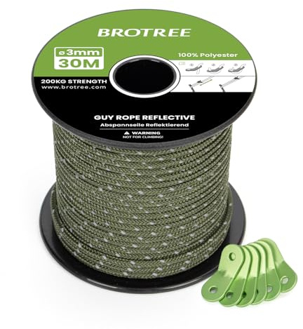 Brotree Cuerda Tienda Campaña Reflectante 3mm 30m Cuerda Tensora con 6 x Tensores de Cuerda para Tienda, Toldo, Camping (Reflectante Verde Militar)