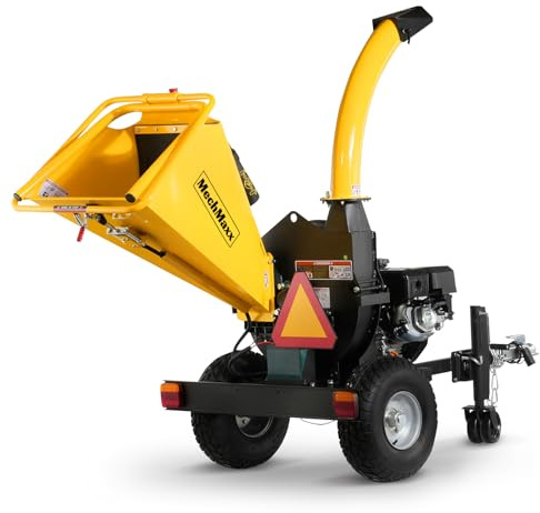 MechMaxx 5'' Inch E-Start 420cc 15hp Gas Powered Wood Chipper Shredder Mulcher with Tail Light, Towbar, Emergency Stop Button, Stop Bar, Model P4205 (Yellow)
