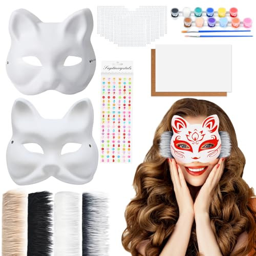 Alishomtll 10 Stück Katzenmasken zum Bemalen, DIY Blank Papier Maske, Cat Mask Fuchs Maske Weiße Halbmasken mit Plüsch Kunstfell Filz-Stoff Aufkleber für Halloween Karneval Maskerade Party Cosplay