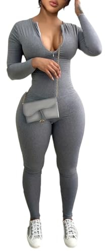 YeGine Women Long Sleeve Bodycon Jumpsuit Sexy Rompers One Piece Zip Up jumpsuits Grey 2XL