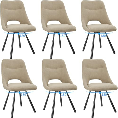 FRUOGO 6er Set Esszimmerstühle, 180° drehbarer Küchenstuhl, Frisiertischstühle aus Baumwoll-Kaschmirimitat, moderner gepolsterter Wohnzimmerstuhl mit Metallfüßen, Khaki