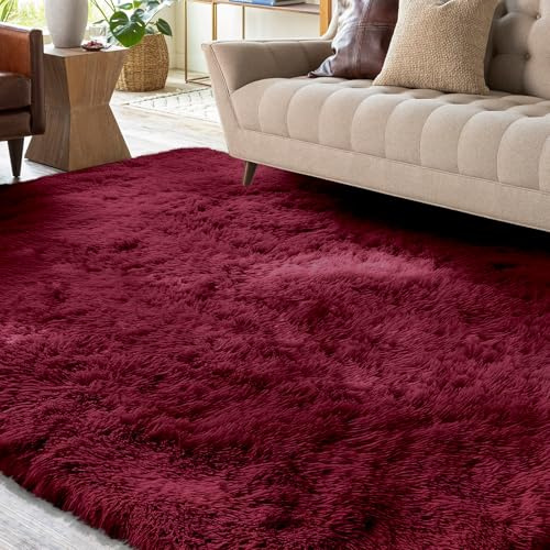 XSIVOD Hochflor Teppich Weinrot 140x200 cm, Weicher Teppich Wohnzimmer | Waschbarer flauschiger Hochflor Teppich, rutschfeste Matte für Schlafzimmer, Kinderzimmer und Büro, moderner weicher Teppich