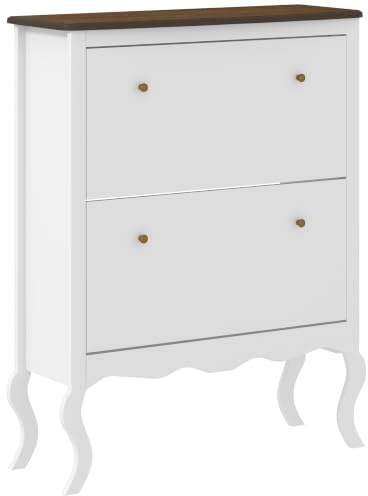 HOMCOM Mueble Zapatero Estrecho con 2 Cajones 84x29x109 cm Blanco | Estilo Francés, Zapatero de Entrada Recibidor, Estantes Ajustables, para 16 Pares de Zapatos