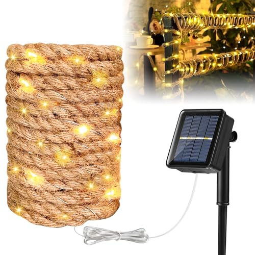 PORFOYO Guirnalda Luces Solares Exterior 7m, Guirnalda Luces Solares Jardín Exterior de Cáñamo Decorativas con 100 Bombillas, 8 Modos Vintage
