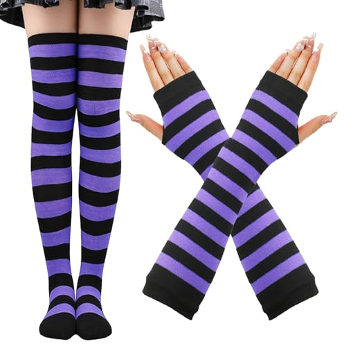CWENDANER Regenbogen High,Overknee Strümpfe Damen Mädchen,Socks Lange Socken Volleyballsocken Sportsocken mit fingerlosen Handschuhen Set für Party, Halloween Kostüme