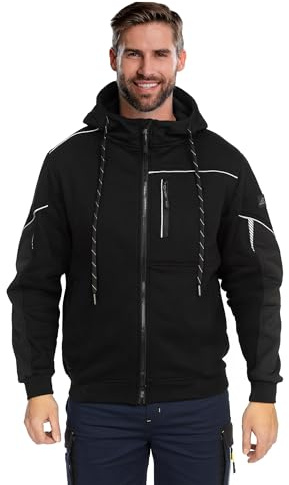 BWOLF DAYTONA Arbetsjacka herr huvtröja med dragkedja – sweatshirt med huva, reflekterande detaljer, bröstficka och förstärkta armbågar, svart, L