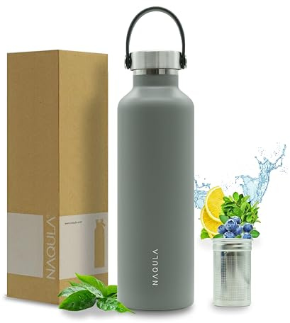 NAQULA® Thermosflasche 750 ml mit Tragegriff und abnehmbarem Sieb f Tee od Früchte. Edelstahl Trinkflasche auslaufsicher, kohlensäurehaltige Getränke geeignet, Isolierflasche heiß und kalt. (Grau)