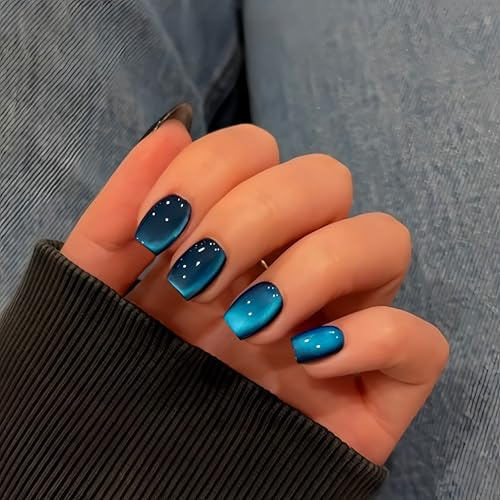 SXVME Cat Eye Soft Gel Press on Nails Short Coffin, 30 Pcs Pastel Blue Cat Eye False Nails Short Square, Sparkly Glitter Glass Nails Press on, Bling Chrome Gel Stick on Nail for Women Small Sizes