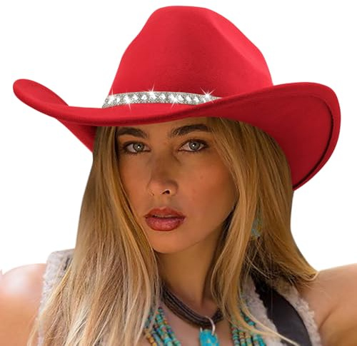 DRESHOW Cowboyhut für Damen & Herren Glitzer Filz Breite Krempe Fedora Hüte | Glitzer-Strassband, Traditioneller Western-Stil, Cowgirl-Hut für Partys, Kostüme, Cosplay und Alltag