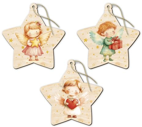 Decorazioni natalizie assortite a forma di stellina in pioppo con angioletti - Formato 9 x 9 Cm