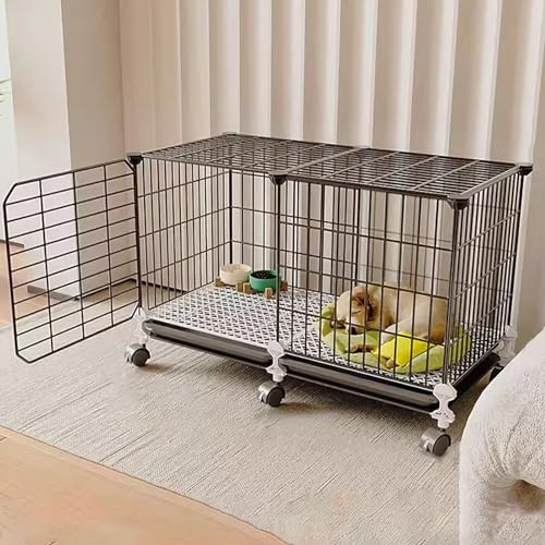 Gabbia per cani di piccola e media taglia, cuccia da interno con WC integrato e ruote universali, con piedini imbottiti, taglia E