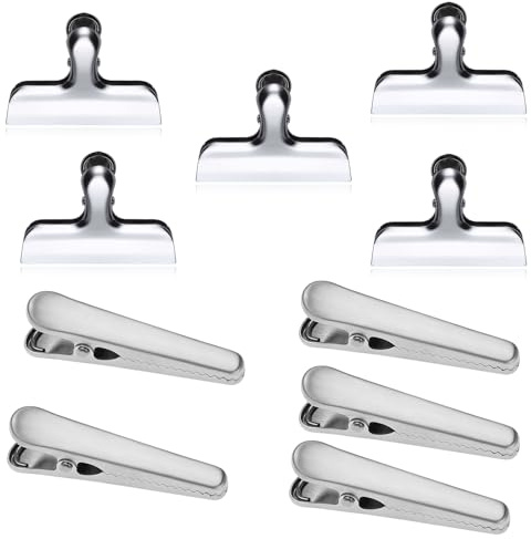 Sdhgerh 10 Stück Klammern, bestehend aus 5 Verschlussklammern und 5 Krokodilklemmen, Große 76mm/81mm Metallclips für Tüten, Lebensmittel und Foto für Haus, Küche, Schule und Büro(Silber)