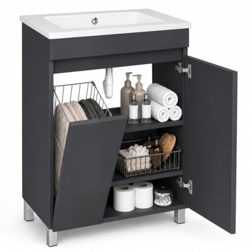 paplinskimoebel Meuble sous-lavabo Ribera, suspendu ou debout, meuble sous-lavabo pour salle de bain, panier à linge, placard à linge, étagères supplémentaires, 2 portes à fermeture douce (Anthracite