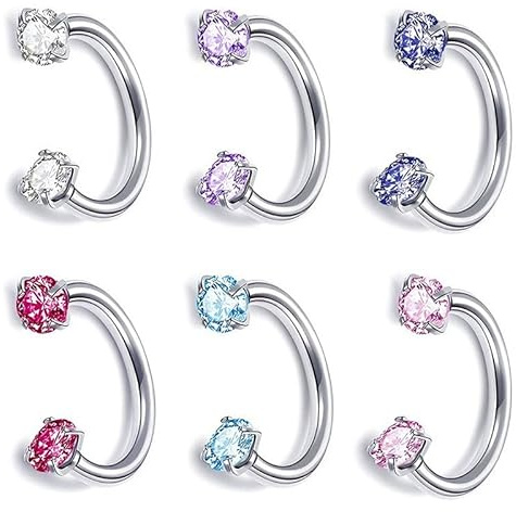 aieieii 6 Pcs Silver Nose Rings for Women Kit, Horse Shoe Nose Ring Septum Piercing Jewellery, Shining Horseshoe Piercing Nose Ear Eyebrow Lip Punching Jewellery for Women Men