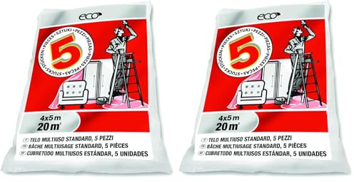 Nespoli Pack 5 Plasticos Cubretodo, Resistencia Soft, 4x5 m, 20 m2, Plástico Cubretodo de Protección, Duradera, Protección de Polvo, Suciedad, Pintura, Uso en Interiores (Paquete de 2)