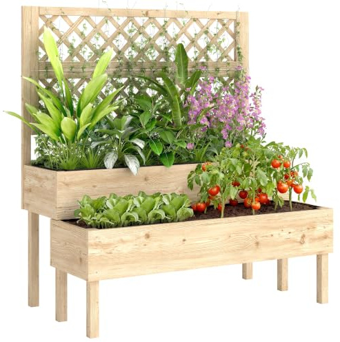 Outsunny 2-Tier Raised Garden Bed Wooden Planter with Trellis 108x62x120 cm | Natural, for Climbing Plants, Drainage Gaps, for Vegetables, Flowers and Herbs