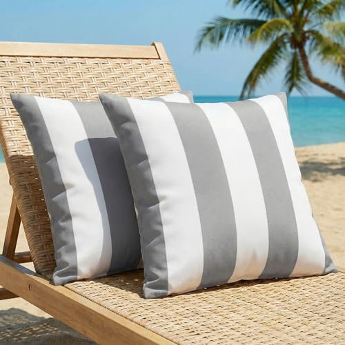 Luzzxfa 2er Set Outdoor Kissenbezug 45x45 cm Grau Gestreifte Wasserfest Dekokissen Modern Garten kissenbezüge Strand Dekorative Kissenhülle Sommer Sofakissen für Sofa Balkon Camping
