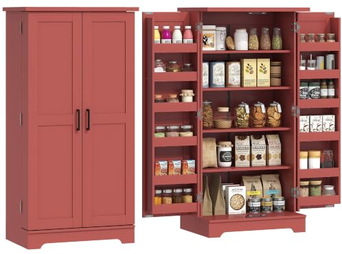 HOMCOM Küchenanrichte, Geschirrschrank, 5 Ebenen, mit verstellbaren Türen und Einlegeböden, 60 x 40 x 120 cm, Holzmaserung, Rot