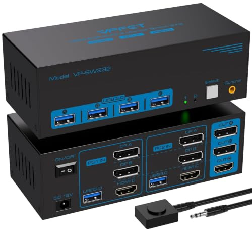 VPFET 8K60Hz Displayport HDMI KVM Switch 2 PC 3 Monitore USB 3.0 DP1.4 +HDMI2.1 KVM-Umschalter für Zwei Computer Teilen Drei Monitor und 4 USB-Geräte mit 2 USB Kabeln und Desktop Controller