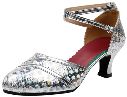 Elegantes Sandalias de media altura con purpurina con hebilla de tiras Cómodo Tacón estrecho Ortopédico Ocasiones festivas Toe cubierto Talón Cubre, plata, 38 EU