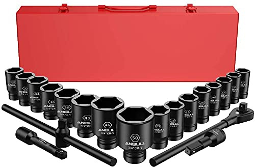 Anbull Juego de llaves de impacto Jumbo de 3/4 pulgadas, 21 piezas, surtido de zócalos poco profundos, 6 puntos estándar tamaños métricos (21-50 mm) | acero Cr-V