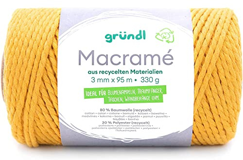 Gründl Wolle - Makramee Garn - Macrame Baumwollgarn - 70% recycelte Baumwolle, 25% Polyester, 5% restliche Fasern - 330 g, 95 m - Gelb