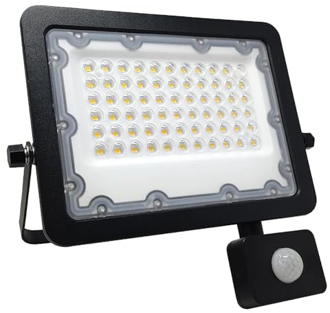 FactorLED Foco LED con Sensor de movimiento 50W, Proyector Exterior Protección IP65 Impermeable, Luz Natural 4000K Gran Luminosidad, Detector PIR para Jardín, Patio, Garaje, Terraza... (50)
