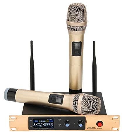 Système de Microphone sans Fil UG‑366, Ensemble de Microphones sans Fil UHF Double Canal, 2 Microphones à Main, Fréquence Réglable 2x30, Idéal pour Le Karaoké, Les Mariages, Les(doré)