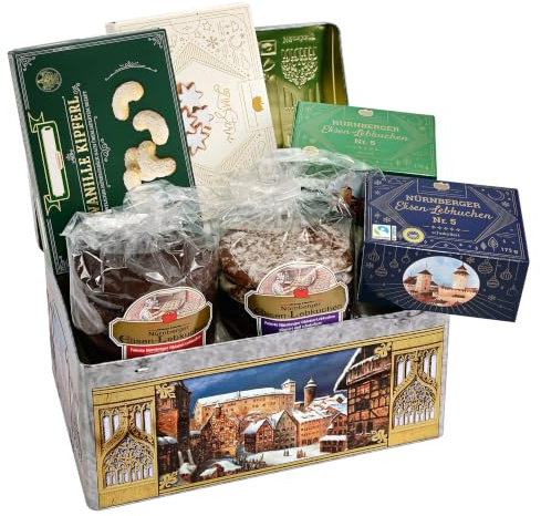 Silbertruhe Nürnberger Altstadt mit Gebäckmischung, ca. 1.100 g | LEBKUCHEN WELT Gefüllt mit Elisen und weiteren Köstlichkeiten – Festliche Geschenkverpackung, ideal als Weihnachtspräsent